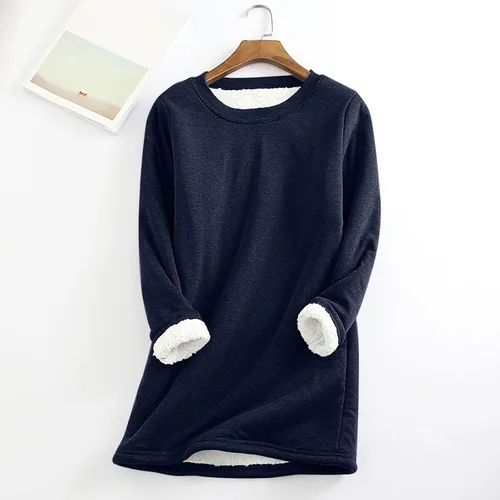 Vista 2 de Sudadera de invierno con forro polar Sherpa para mujer, talla grande, manga larga, cuello redondo, ropa de descanso