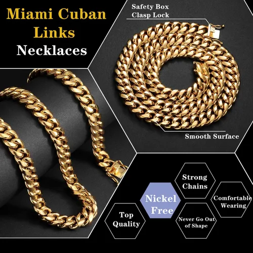 Vista 2 de ROWIN&CO Mens Chain Thick Heavy 18K Gold Plated Stainless Steel Miami Curb Cuban Link Necklace Hip Hop Jewelry Choker Chain,15mm Width 18 20 22 24