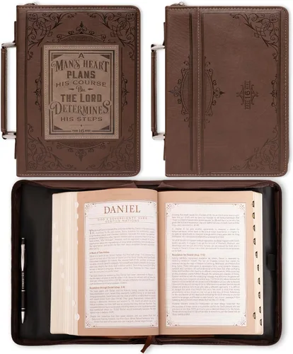 Vista 2 de Christian Art Gifts Cubierta clásica para biblia para hombres Un corazón de hombre, Proverbios 16:9, cuero sintético marrón/marrón medio