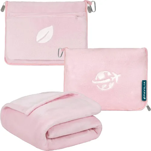 Vista 15 de PAVILIA Manta de viaje y almohada, manta de avión con apertura de brazos para adultos, manta compacta de avión con agujero para el brazo, bolsa 2