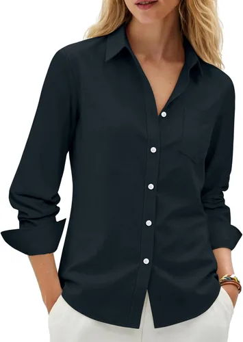 Vista 21 de siliteelon Camisas con botones para mujer, camisa Oxford de algodón, camisa de vestir de manga larga, blusas de trabajo con bolsillo