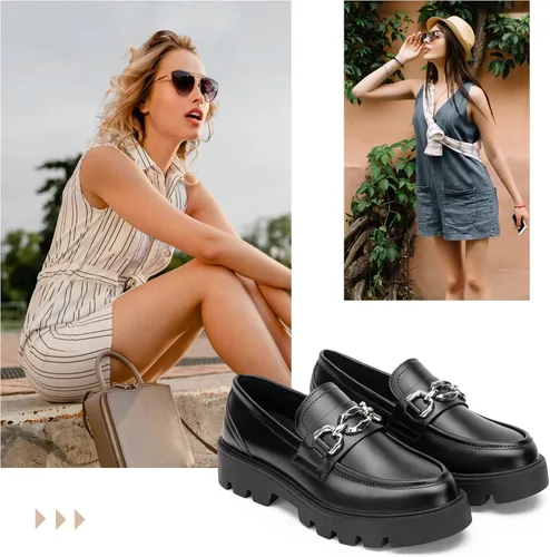 Vista 3 de Vepose Mocasines casuales de plataforma 8081 para mujer, mocasines negros con punta redonda