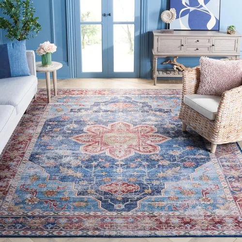 Vista 11 de SAFAVIEH Alfombra lavable Tucson Collection - 2 pies 6 pulgadas x 4 pies, azul y resistente al óxido, antideslizante, ideal para zonas de alto