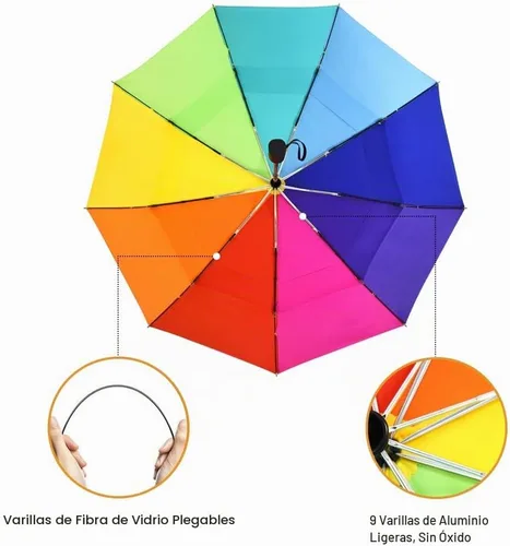 Vista 4 de Paraguas plegable arcoíris para adultos compacto pequeño automático para 0.2Arco iris