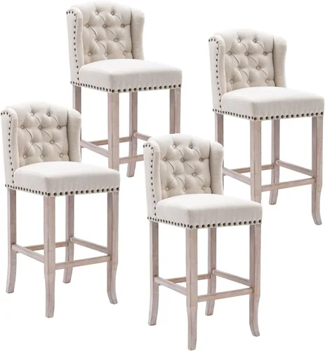 Vista 10 de Juego de 2 taburetes de bar clásicos de lino de 30 pulgadas, sillas de bar altas con respaldo copetudo con botones con patas de madera maciza Beige