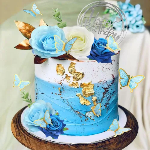 Vista 4 de 19 piezas de decoración de mariposa para pasteles, decoración de feliz cumpleaños con rosas artificiales azules, mariposas de eucalipto, suministros