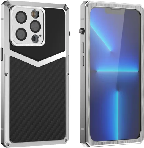 Vista 12 de HUALIMEI Funda de lujo para iPhone 13 Pro 6.1, funda de teléfono de fibra de carbono, armadura protectora militar con protector de pantalla