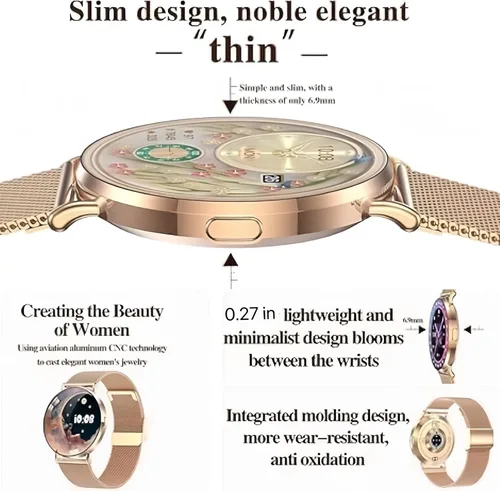 Vista 4 de Reloj inteligente para mujer, pantalla AMOLED de 1.32 pulgadas, frecuencia cardíaca, SpO2, monitor de sueño, calorías, clima, más de 100 modos