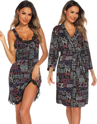 Vista 5 de ENJOYNIGHT Conjunto de bata sexy con cuello en V de 2 piezas para mujer, camisón de lencería con batas, conjunto de pijama de encaje