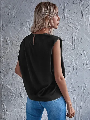 Vista 2 de Verdusa Camisetas de satén para mujer, estilo casual, sin mangas, con almohadilla de hombro
