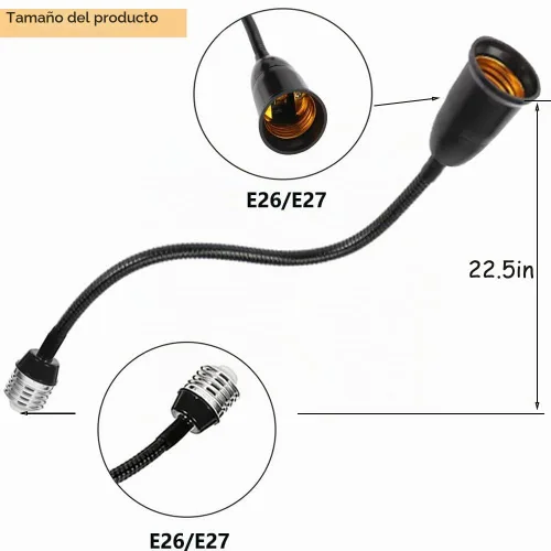 Vista 2 de Adaptador extensor de enchufe de luz E26/E27, extensión de 22.8 in/22.5 pulgadas, resistente al calor de 329.0 °F sin peligro de incendio, flexible