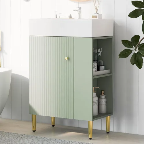 Vista 11 de LUMISOL Mueble de baño pequeño de 21.6 pulgadas con fregadero, tocador de baño estrecho con una puerta y almacenamiento lateral derecho, armario