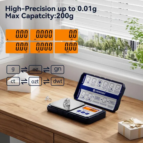 Vista 2 de UNIWEIGH - Báscula digital de bolsillo (7.05 oz/0.00 oz) de precisión Small Scales Grams Ounces with 6 Units,Jewelry scale,Coin Scale with 50g