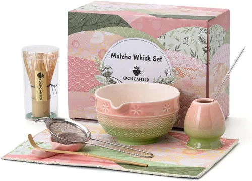 Vista 10 de Juego de té Matcha, kit japonés de 8 piezas con cuenco cerámico de diseño de flores de cerezo y olas, batidor de bambú, soporte para batidor