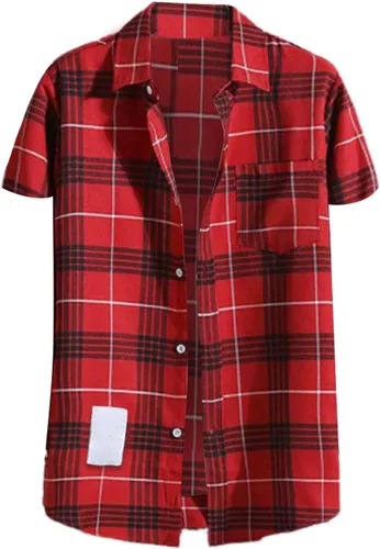 Vista 11 de Camisas de manga corta con botones para hombre, de algodón, a cuadros, ajuste regular, camisas casuales con botones y bolsillo