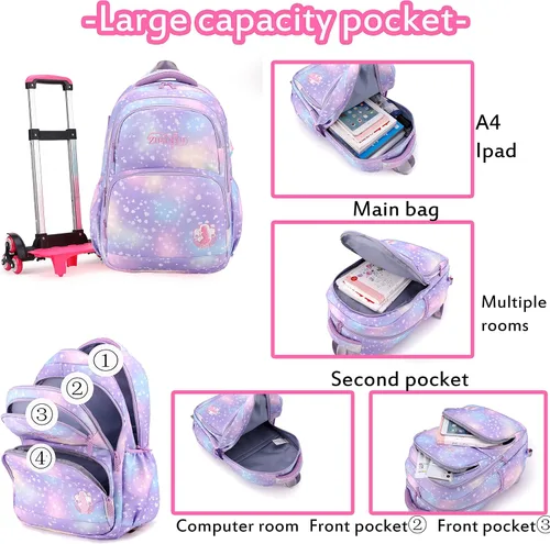Vista 4 de Mochila con ruedas para niños y niñas mochila rodante para niñas y niños impermeable equipaje de viaje preescolar primaria 1243 Purple