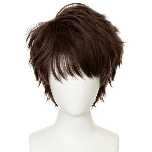 Vista 2 de Peluca corta marrón oscuro para hombre, peluca de anime marrón