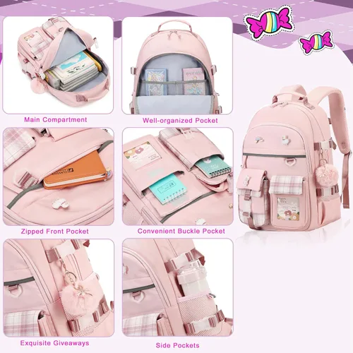 Vista 4 de AO ALI VICTORY Mochila para niñas, mujeres, niños, escuela primaria, escuela secundaria, universidad, mochila para laptop, mochila de viaje, Rosado