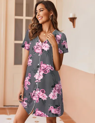 Vista 4 de Ekouaer Camisón de manga corta con botones para mujer, camisón suave con cuello en V