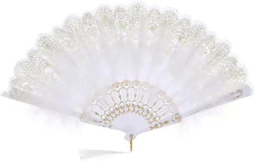 Vista 13 de BABEYOND Abanico de plumas de marabú estilo vintage de los años 20, abanico plegable de mano estilo flapper para disfraz y baile