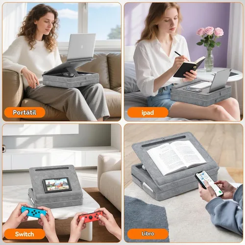 Vista 6 de KDD Escritorio de regazo para laptop con cojín, mesa para laptop con almacenamiento para cama y sofá, soporte de almohada ajustable con tira