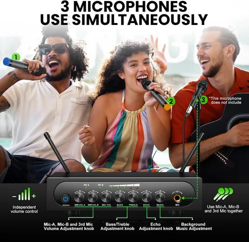 Vista 2 de Sistema de micrófono inalámbrico Micrófono dinámico inalámbrico UHF Micrófono de mano inalámbrico de doble canal con Echo Bluetooth Control