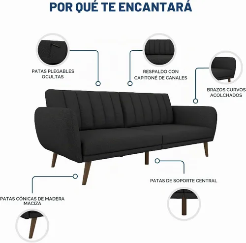 Vista 6 de Novogratz Brittany - Sofá cama tipo futón de 82 pulgadas de piel sintética, tapizado con respaldo copetudo, diseño moderno de mediados de siglo