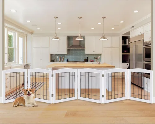Vista 26 de LZRS Puerta plegable independiente de madera para perros de 2 paneles, madera maciza y alambre de acero, barrera para mascotas resistente a