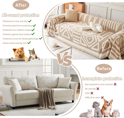 Vista 5 de HANDONTIME Fundas de Sofá Sillón Funda de Sofá Boho para Perros Caqui Funda de Sofá con Borlas Silla Reclinable Funda de Futón Lavable 1 Cojín Sofá