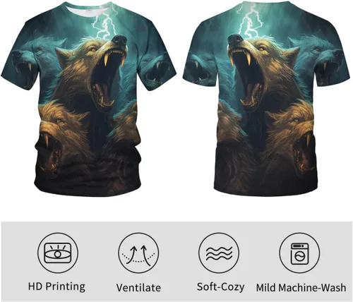 Vista 4 de Srcnhim Camiseta de animal con estampado 3D para hombre, camiseta de cuello redondo de lobo clásico casual