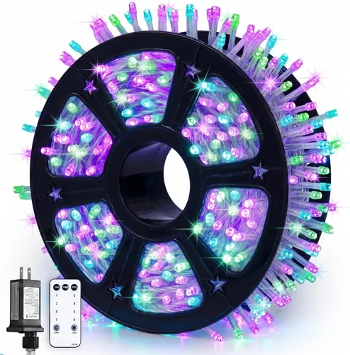 Vista 36 de JMEXSUSS 150 luces LED azules de Navidad para interiores y exteriores, luces de cadena conectables de 59 pies con enchufe, 8 modos de luces de hadas