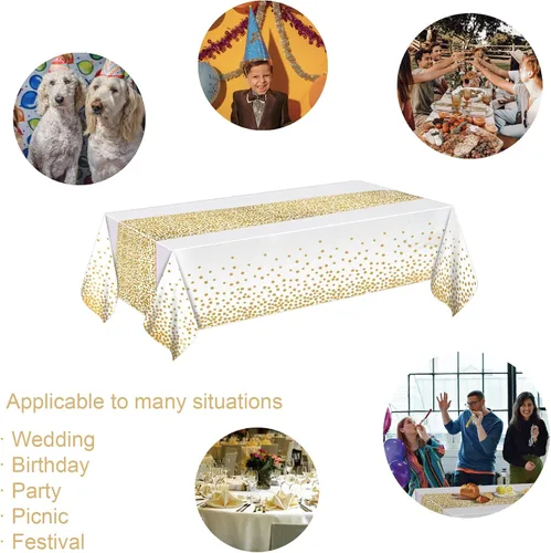 Vista 4 de MOLFUJ Mantel de plástico blanco y dorado de 54 x 108 pulgadas para fiesta, paquete de 2 manteles desechables blancos para mesa rectangular de 8