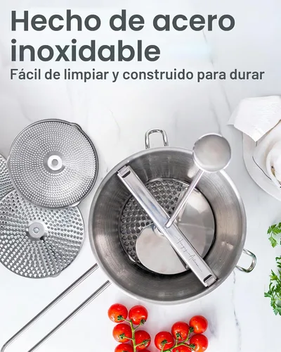 Vista 5 de Molinillo de Alimentos de Acero Inoxidable con 4 Discos Mejorado – Diseño Rotatorio Ergonómico para Salsa de Tomate, Puré de Manzana, Comida