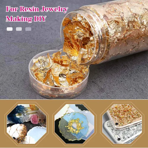 Vista 3 de PAXCOO Gold Flakes para resina, lámina dorada para uñas, copos de lámina dorada, hoja de oro de imitación para resina de joyería, uñas y fabricación