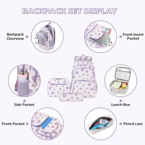 Vista 47 de goldwheat Mochilas impresas margaritas con paquete de almuerzo, estuche de lápices 3pcs, bolsa ligera resistente al agua para la escuela secundaria