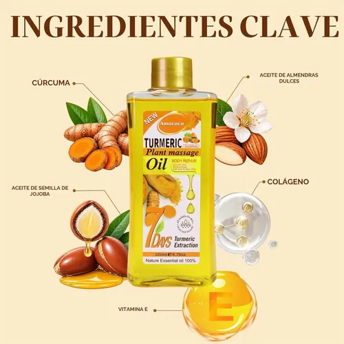 Vista 7 de Aceite corporal de cúrcuma de 6.8 fl oz para masaje e hidratación diaria, hidratación profunda con vitamina E, colágeno, aceite de cúrcuma para cara
