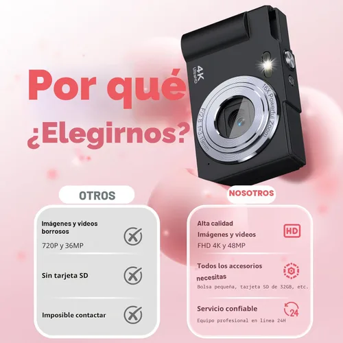 Vista 6 de Cámara digital, cámara digital FHD para apuntar y disparar con zoom de 16X, antivibraciones, cámara pequeña compacta de 48 MP con tarjeta de 32 GB