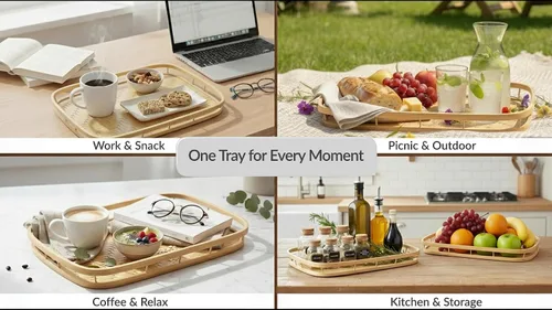 Vista 4 de PEMAR Juego de 4 bandejas de servir de mimbre de bambú para alimentos y bebidas, bandejas rectangulares para desayuno en la cama con asas, bandejas