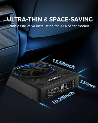 Vista 3 de Subwoofer para automóvil de 1200 W de 10 pulgadas, subwoofer delgado y paquete de amplificador, entrada de nivel alto/bajo, subwoofer de audio