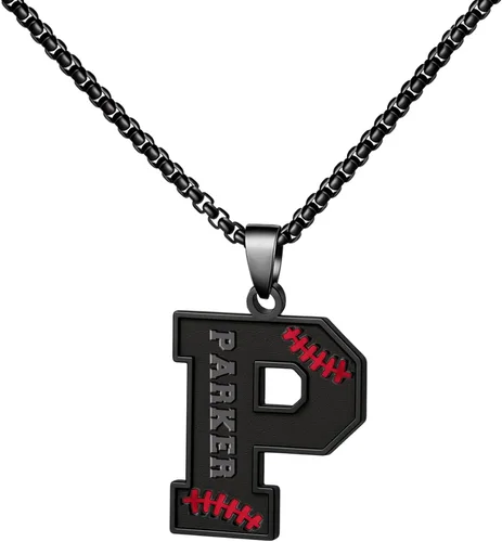 Vista 37 de Ldurian Collar personalizado con nombre de béisbol, cadena negra de acero inoxidable, collar con nombre deportivo, letra A-Z de 24 pulgadas, regalos