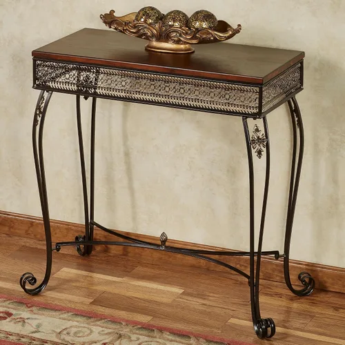 Vista 2 de Touch of Class Charleston Mesa consola calada ornamentada de bronce Madera y metal Patas de desplazamiento Mesas de estilo elegante