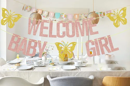 Vista 6 de Cartel de bienvenida para niña, decoración de fiesta de baby shower con temática de mariposa, letrero de "It's a Girl", suministros para fiesta