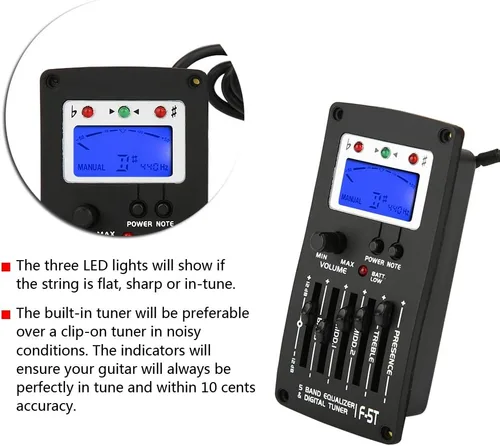 Vista 4 de Tbest Preamplificador de guitarra, ecualizador de preamplificador de guitarra, sintonizador digital F 5T 5 bandas, pastilla de sintonizador digital