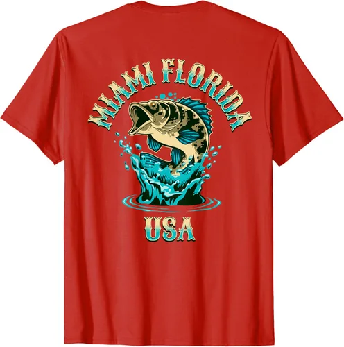 Vista 55 de Camiseta con diseño de pesca en la parte delantera y trasera de Miami Florida USA, Negro