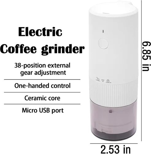 Vista 2 de Molinillo de café portátil, molinillo de café eléctrico para rebabas, molinillo de café inalámbrico para viajes, camping, hogar y oficina (blanco)