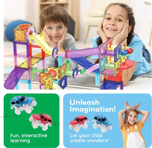Vista 5 de PicassoTiles Juego de 121 azulejos magnéticos de pista de carreras de mármol 3 en 1, juego de construcción de carreras de automóviles, aprendizaje