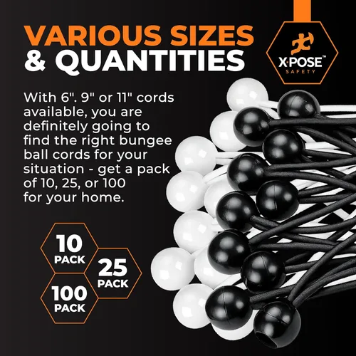 Vista 6 de Xpose Safety Cuerdas elásticas de bolas de 6 pulgadas, paquete de 10 cuerdas elásticas resistentes de colores surtidos en blanco y negro con lazos
