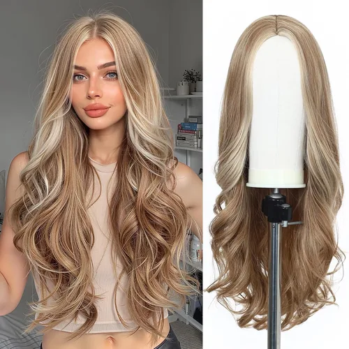 Vista 11 de Esmee Pelucas largas de color castaño rojizo ombré para mujer, peluca de cabello sintético ondulado y rizado natural para uso diario, fiestas