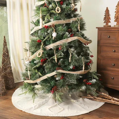 Vista 5 de Falda de árbol de Navidad de 48 pulgadas: Falda de árbol de punto de cable trenzado en diamante para árbol de 7.5 pies, falda de árbol blanco crema