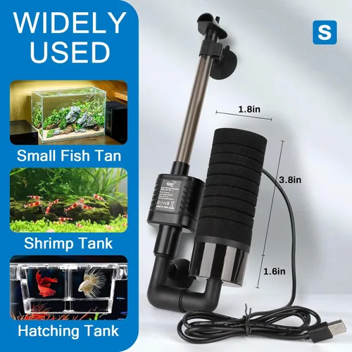 Vista 5 de hygger Filtro de esponja individual USB, pequeño filtro de acuario con clip ajustable para colgar y ventosa, salida de pico de pato, salida de tubo